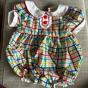Smockingbird plaid red apple romper 12M
